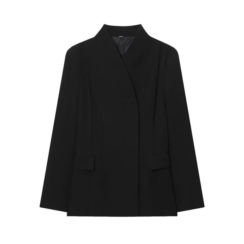 Women's black loose fit long sleeve suit jacket polyester blended fabric solid colour