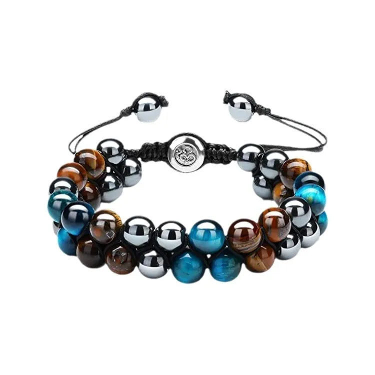 Men's handmade double-layer woven tiger eye bracelet with geometric pattern
