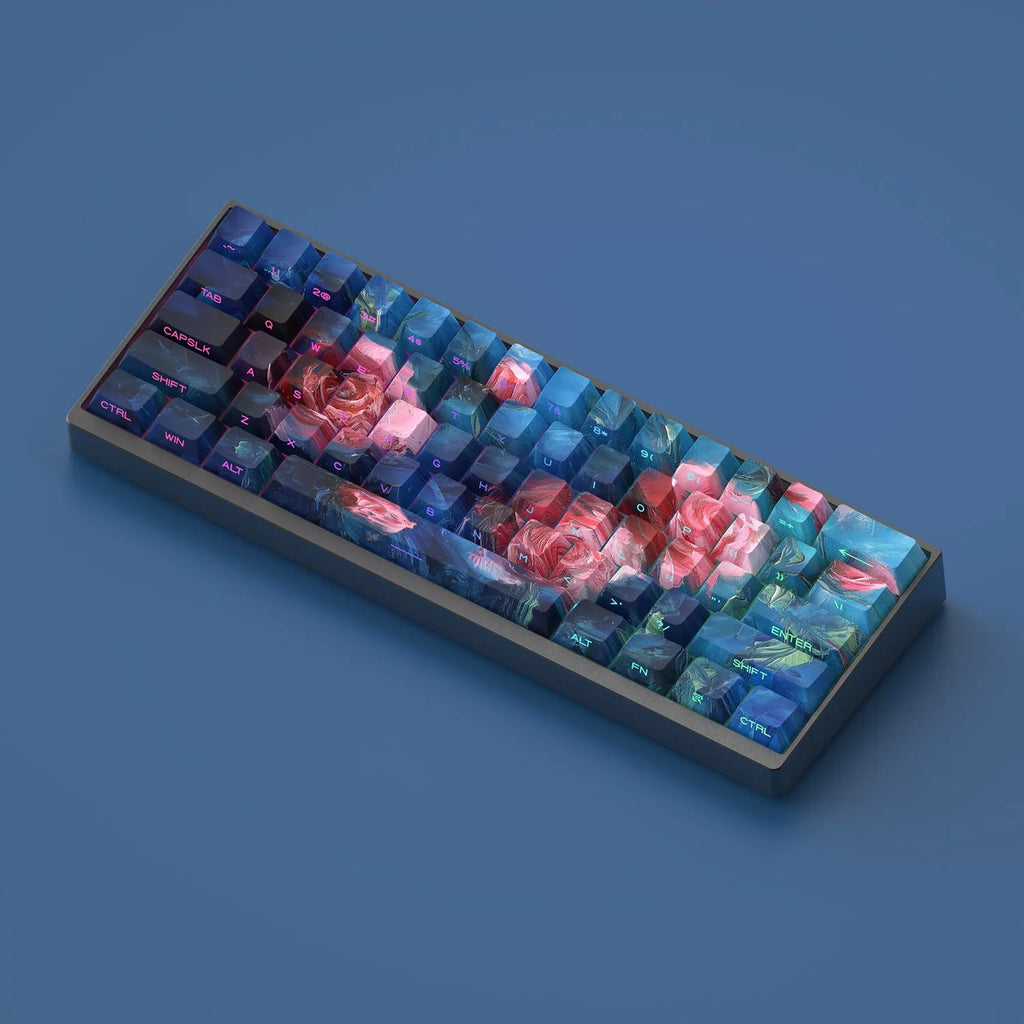 Oil painting style side carving transparent PBT keycaps in rose colour, 130 pieces for mechanical keyboards