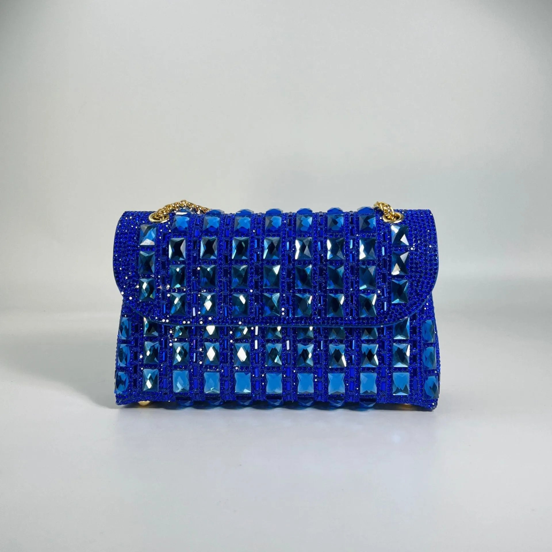 Shiny glass rhinestone chain clutch bag in horizontal square shape with internal phone pocket