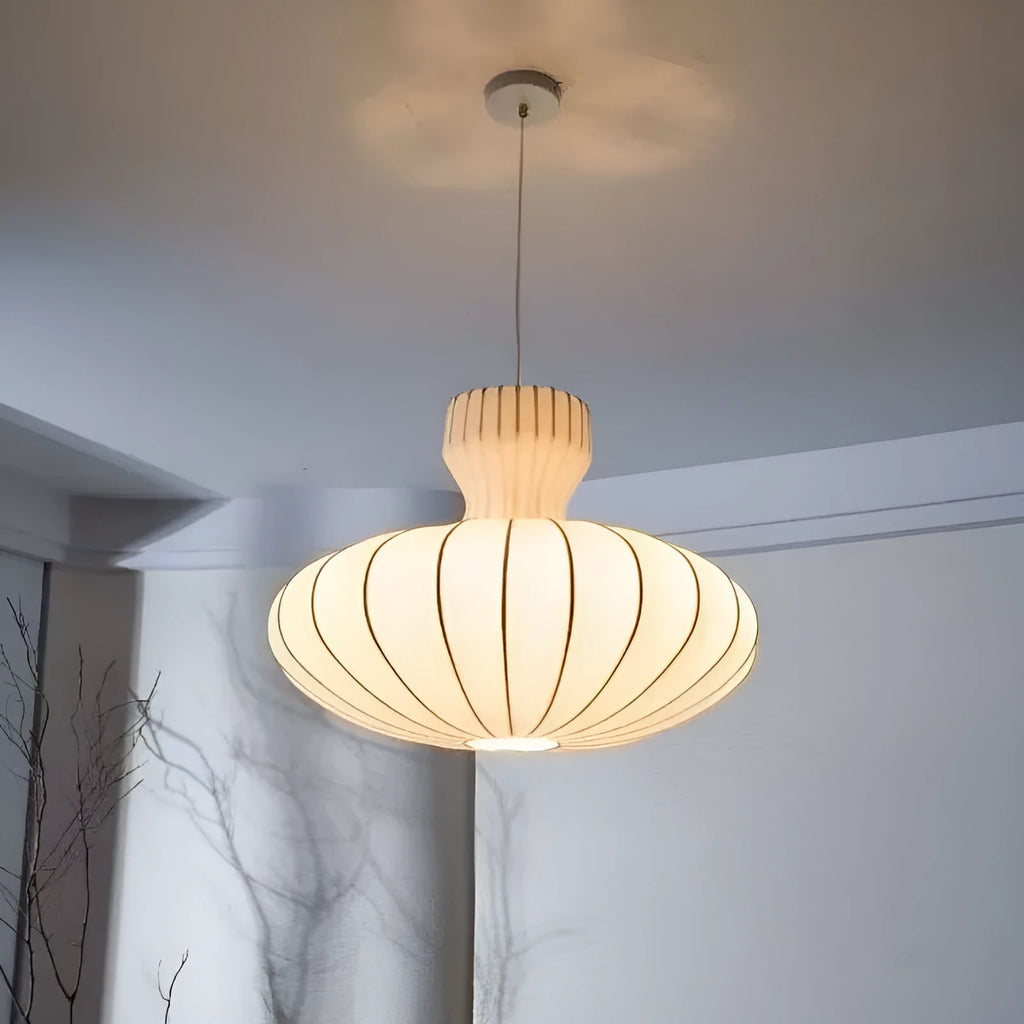 Vintage-style silk chandelier with a Chinese design, shown with its variable three-colour light effect.