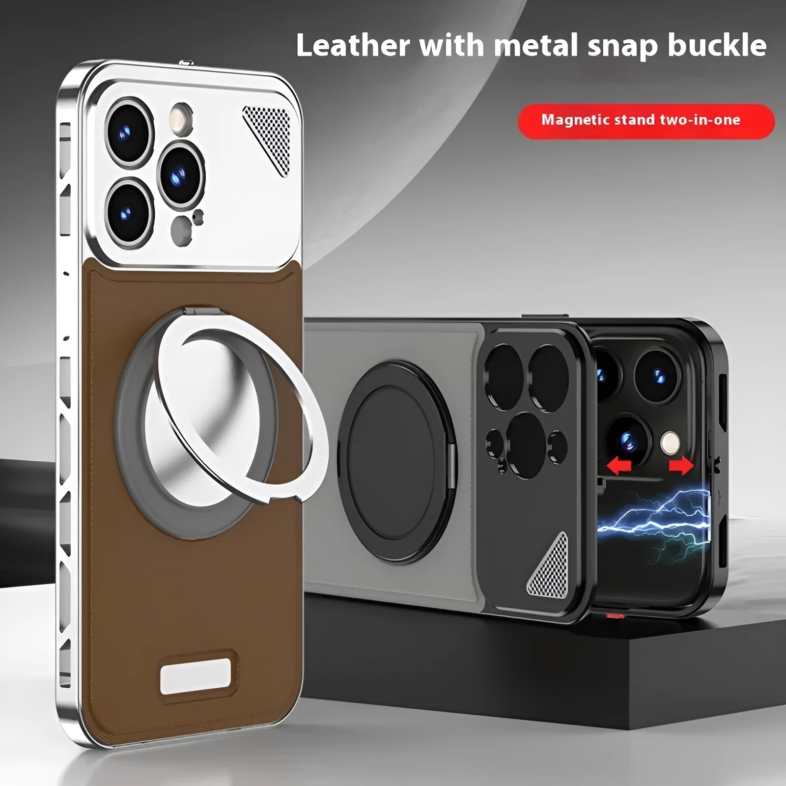 Aluminium alloy leather phone case with rotating bracket and magnetic suction for Apple iPhone, black brown colour