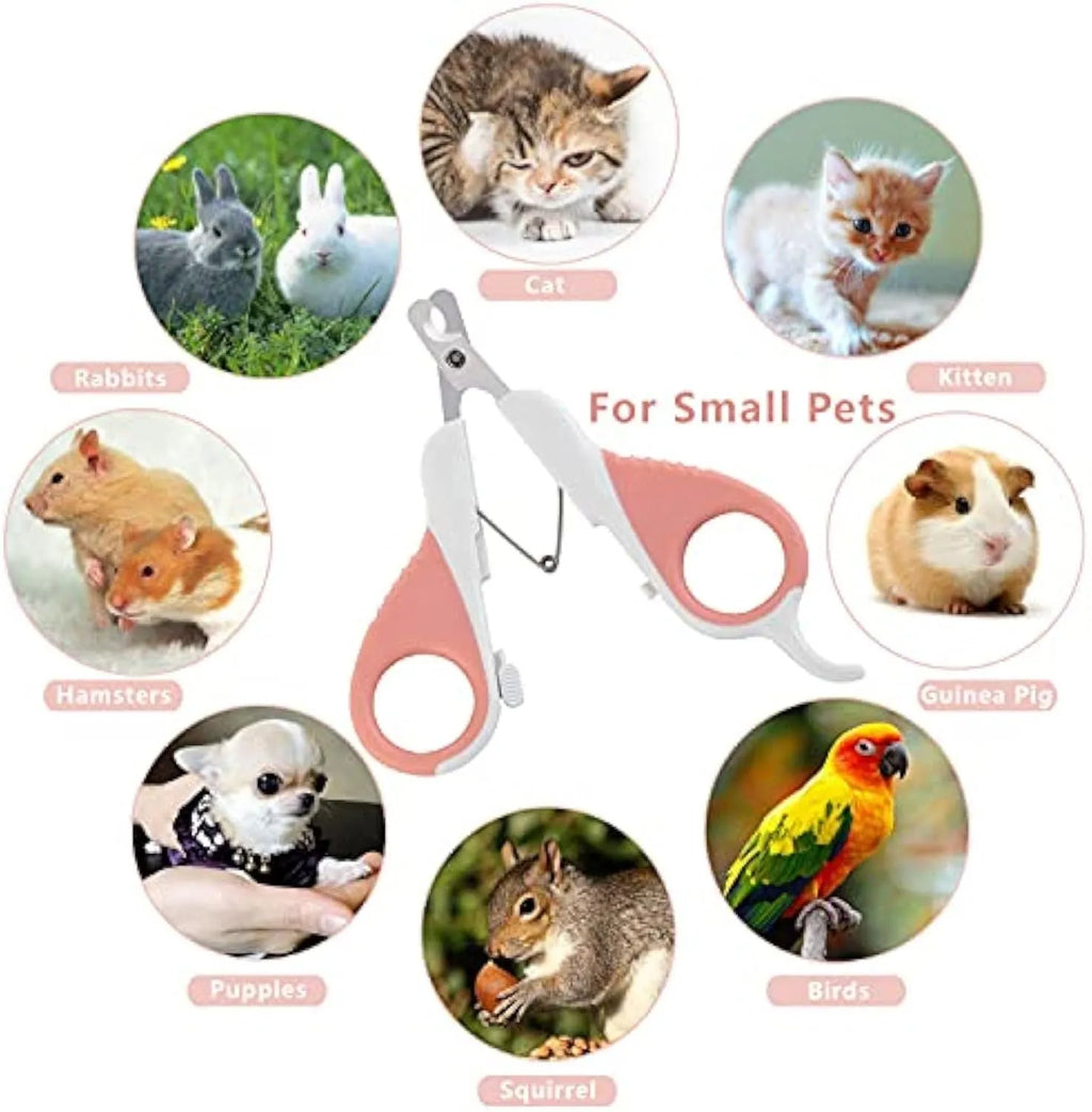 Grey and pink angled stainless steel cat nail clippers with safety lock for small pets.