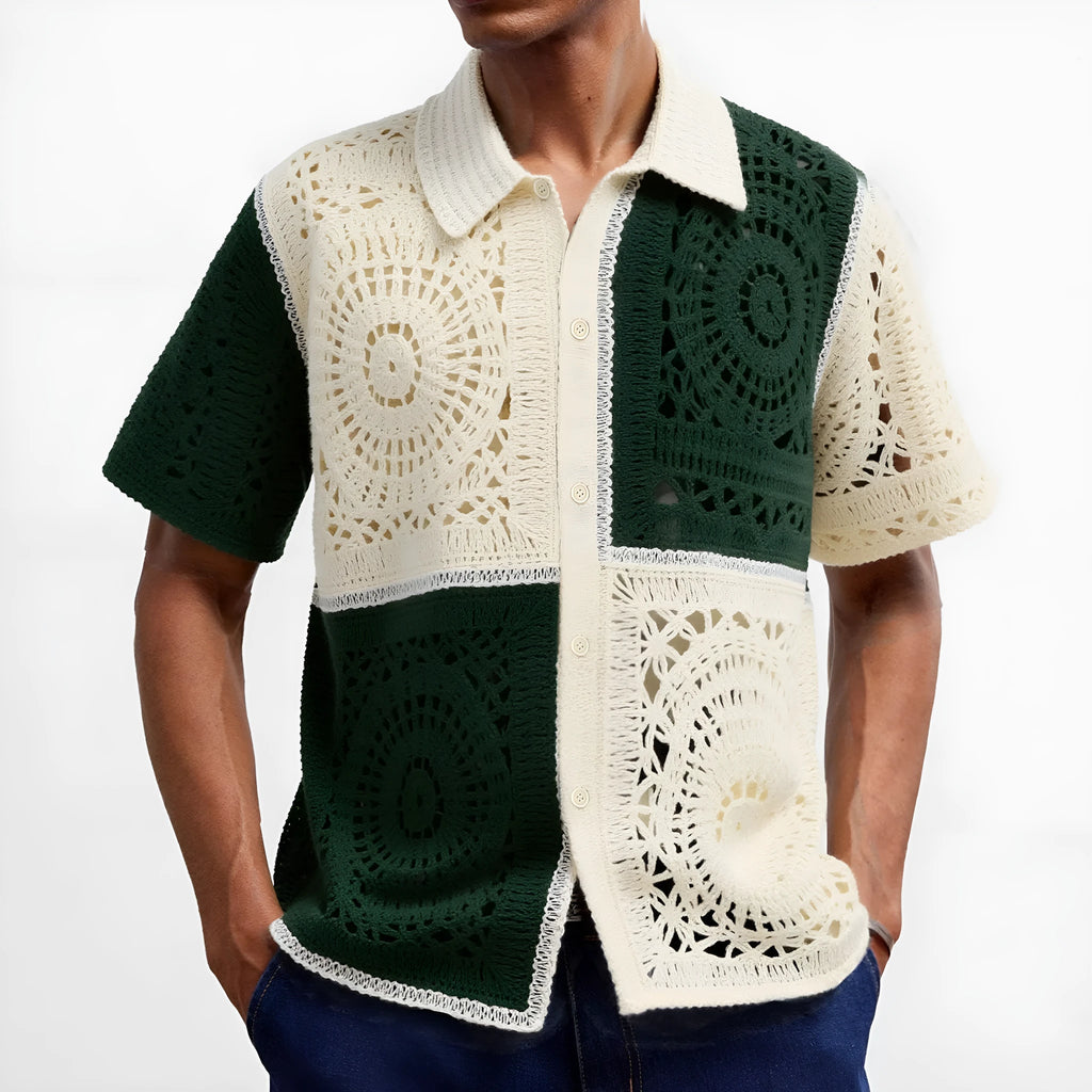 Men's beige colourblock short sleeve acrylic knit shirt with flocking detail on a hanger