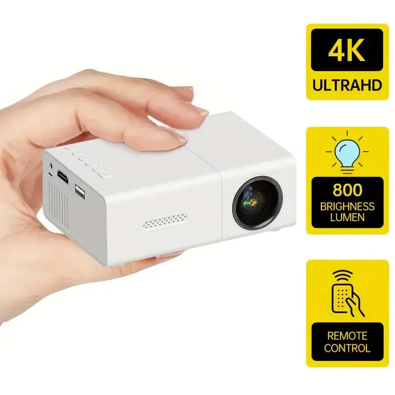 M100 portable mini projector in black or white colour showing remote control and cables