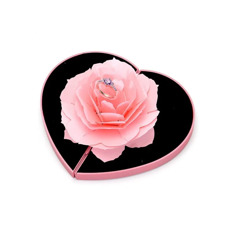 Red heart-shaped rotating ring box with 3D love design and rose decoration for jewellery packaging