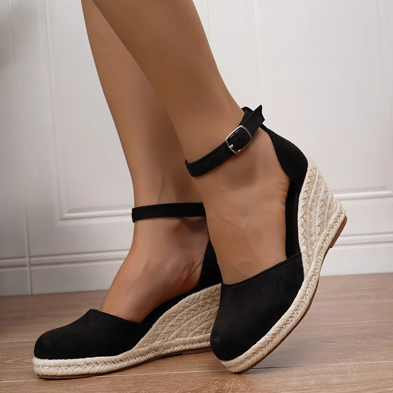 Women's apricot and black wedge sandals with suede upper and Roman buckle fastening