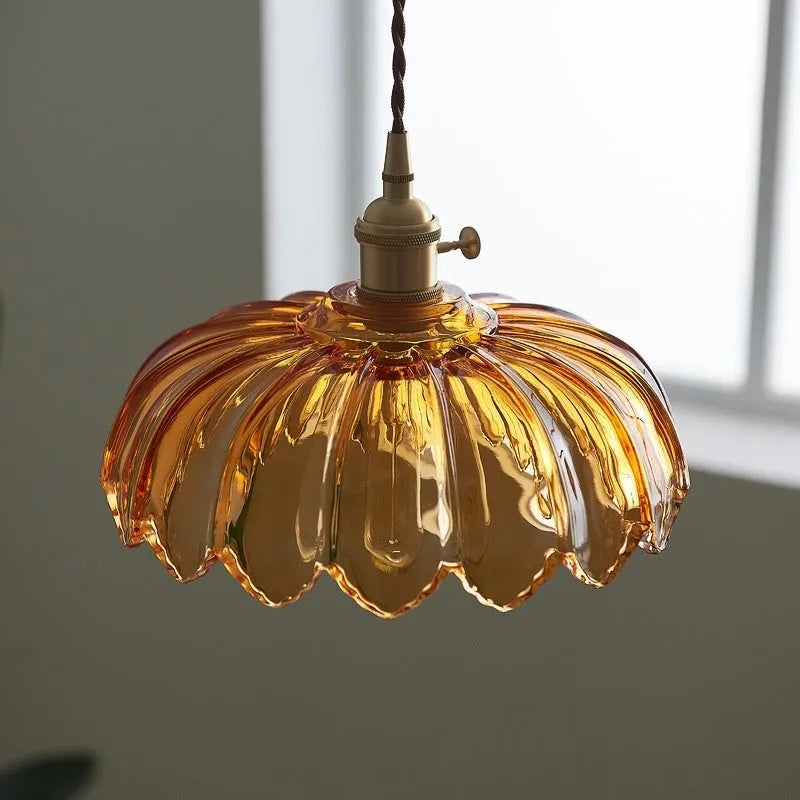 Brass glass chandelier with 26cm amber-brown or clear glass shade for dining room, bedroom, cafe or bar