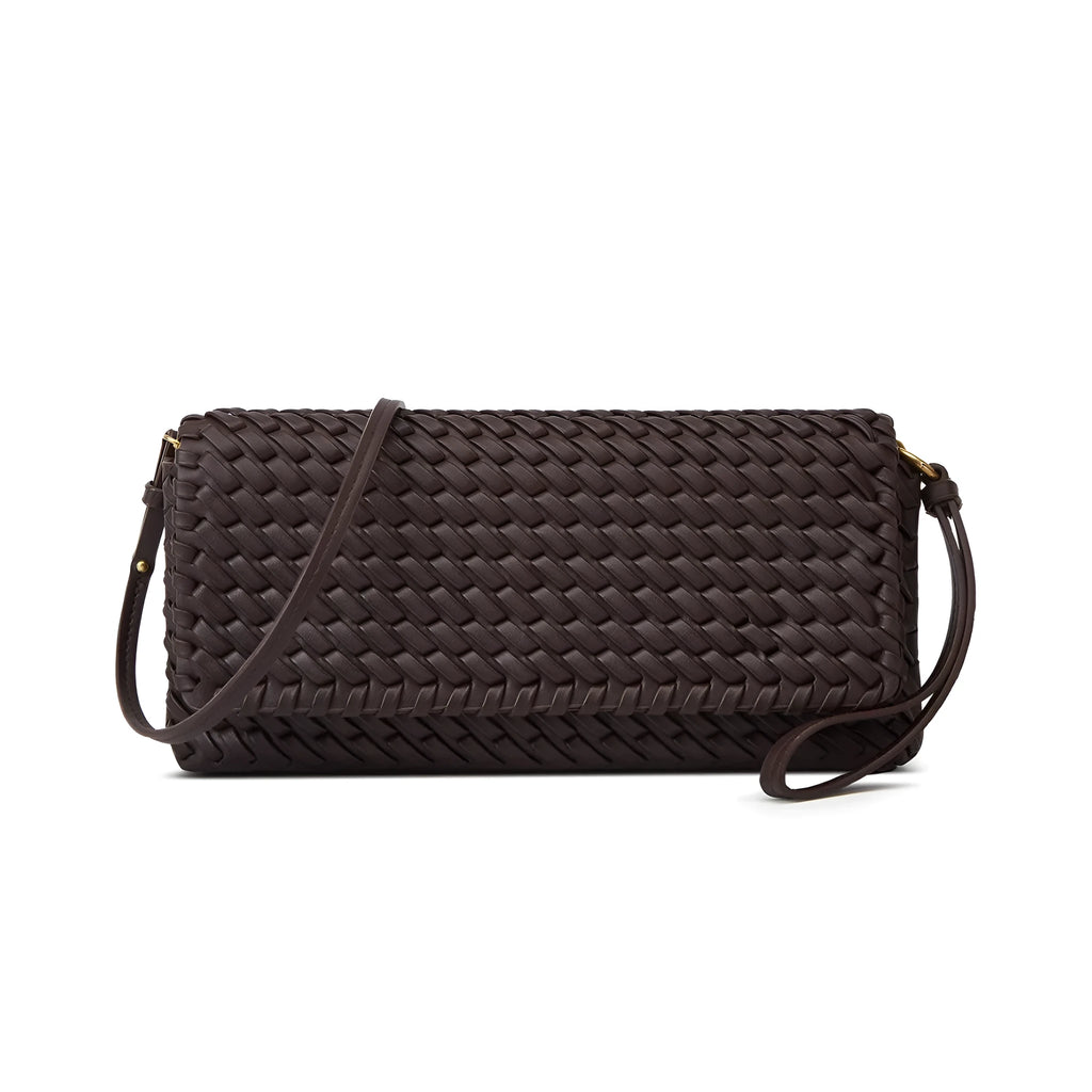 PU shoulder bag flap bag, horizontal square S size, single strap, weaving detail, black wine red milky white