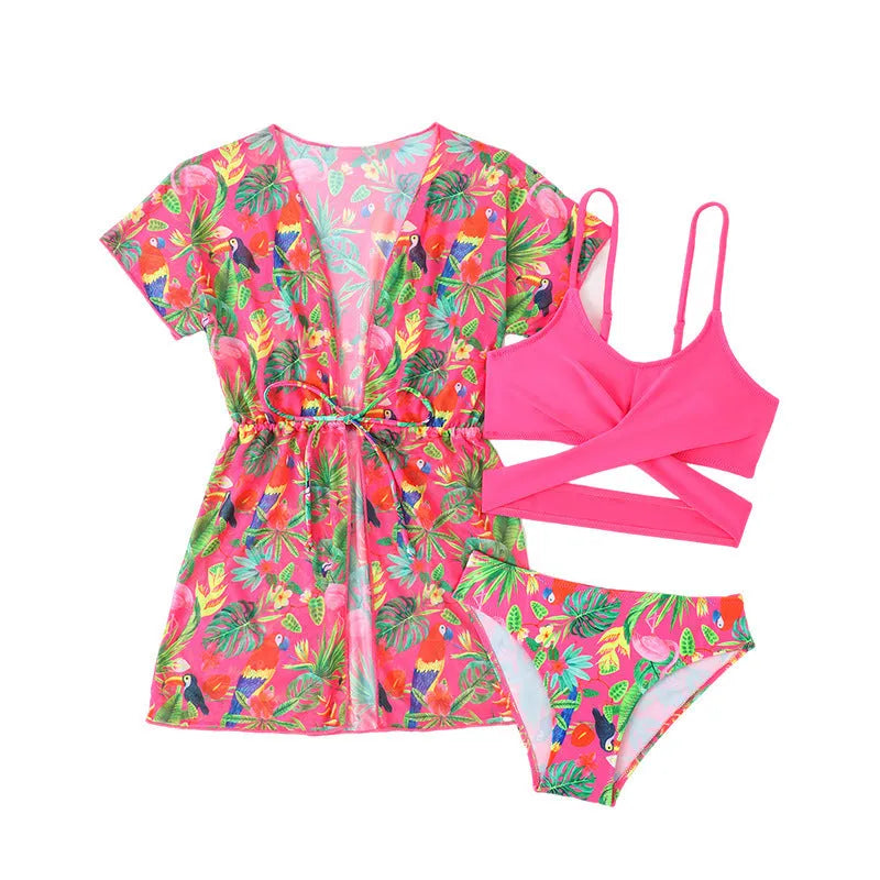 Girls floral split overlay bikini swimsuit in bright picture colour pattern for swimming activities