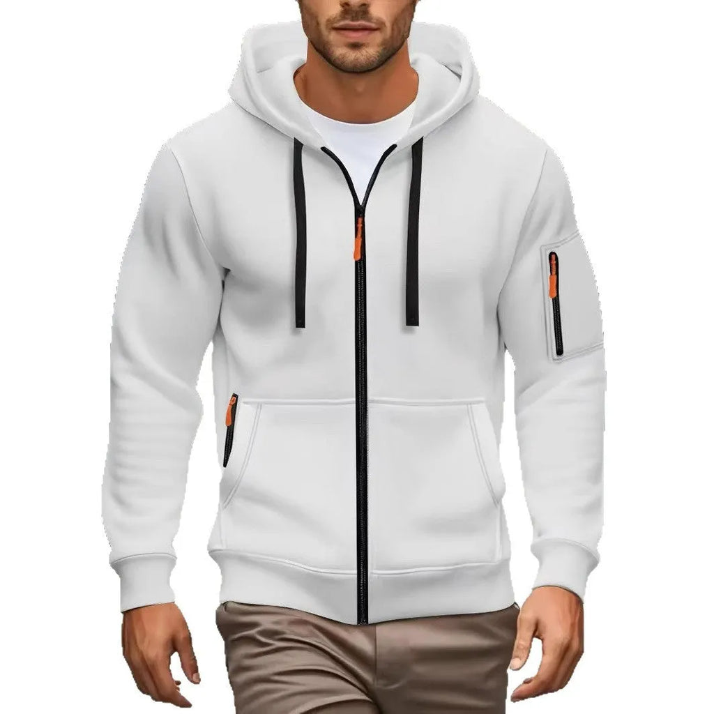 Men's zipper hooded sweatshirt cardigan coat in Army Green colour with wool lining.