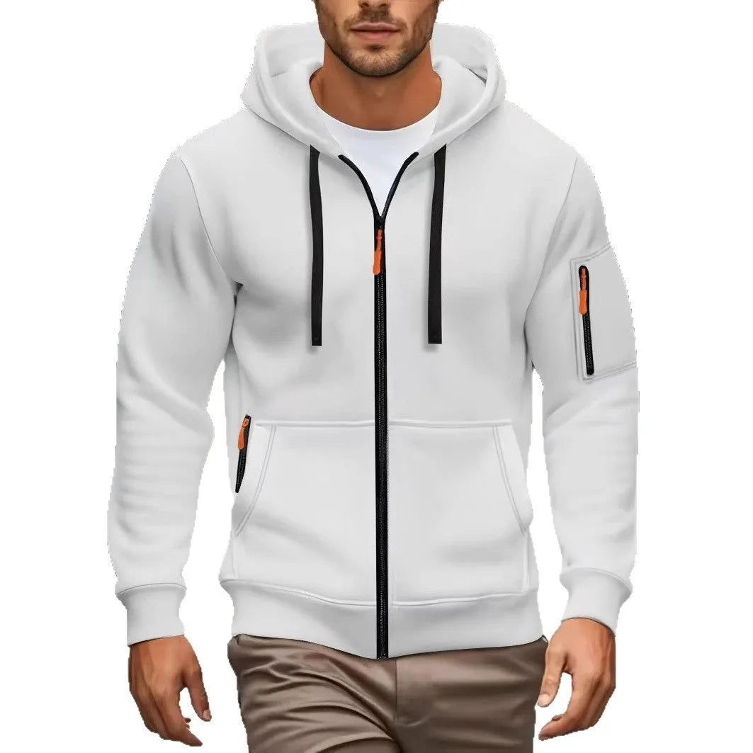 Men's zipper hooded sweatshirt cardigan coat in Army Green colour with wool lining.