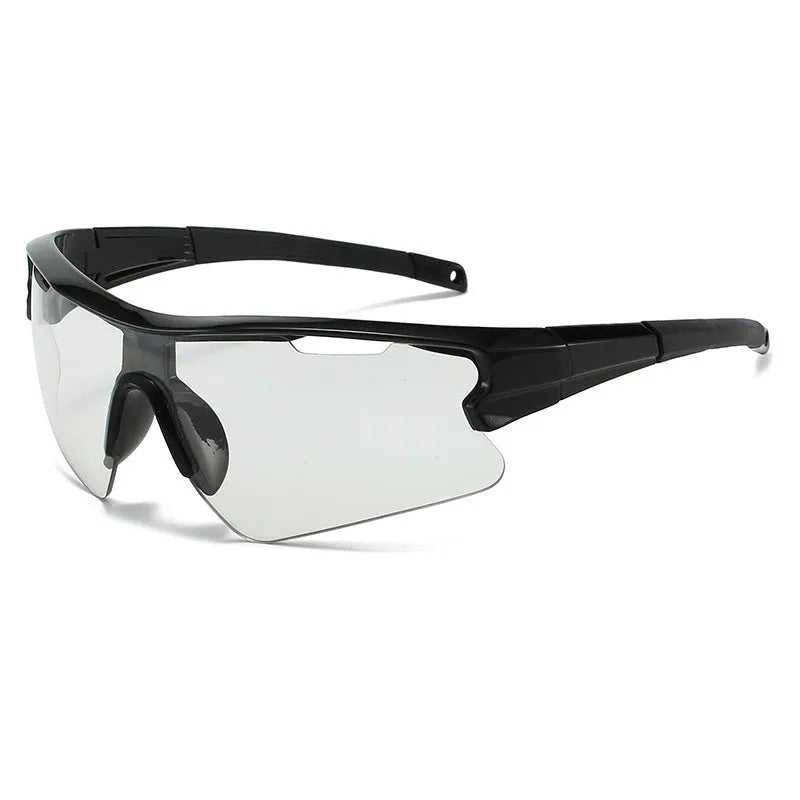 Black and white windproof cycling sunglasses for outdoor sports with multiple lens colour options.