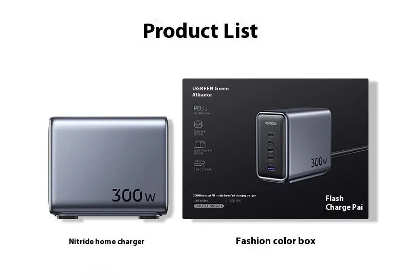 300W charging notebook charger head in Business Gray with 4C 1A interfaces, includes power cord and dual USB-C cable