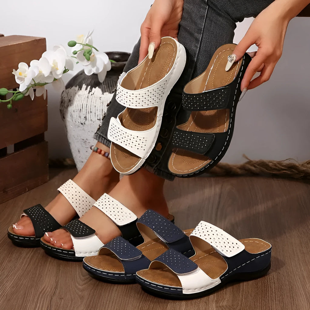 Women's plus-size open-toe wedge sandals with hollowed-out synthetic PU upper, black colour