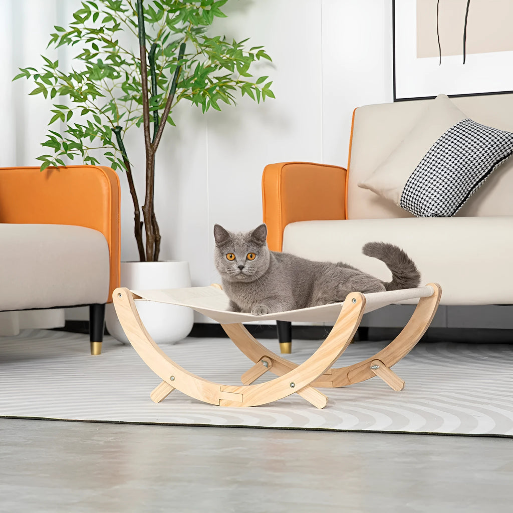 Solid wood foldable cat shaker bed hammock with canvas plush cushion