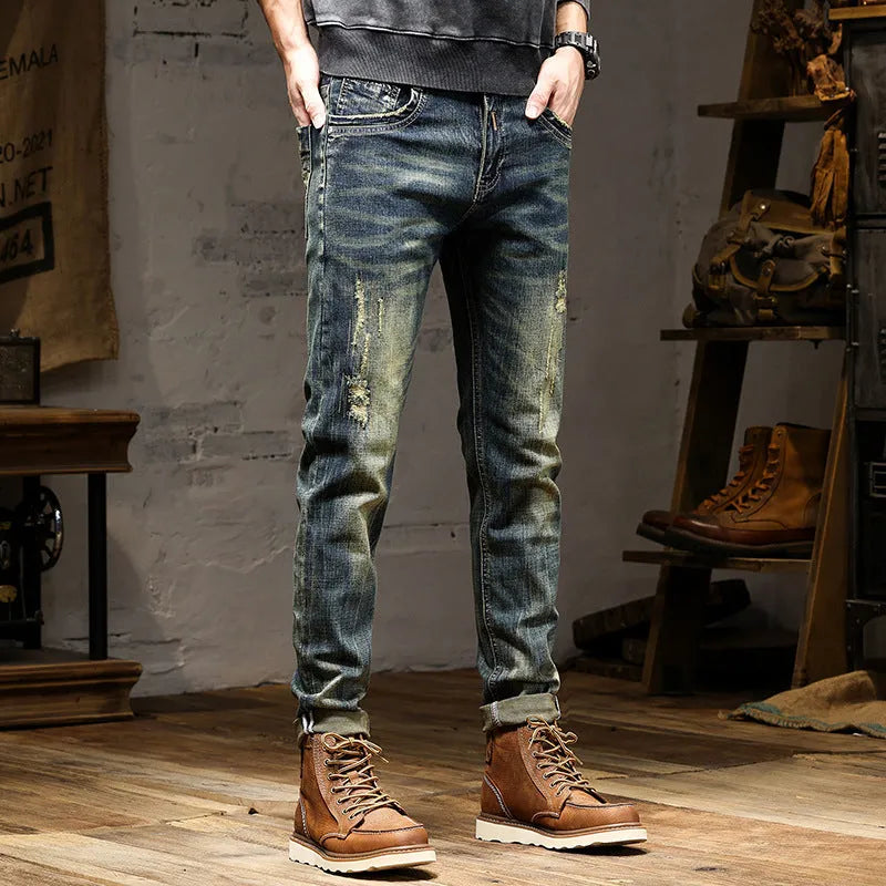 Men's retro colour stretch denim skinny jeans with a zip fly front.