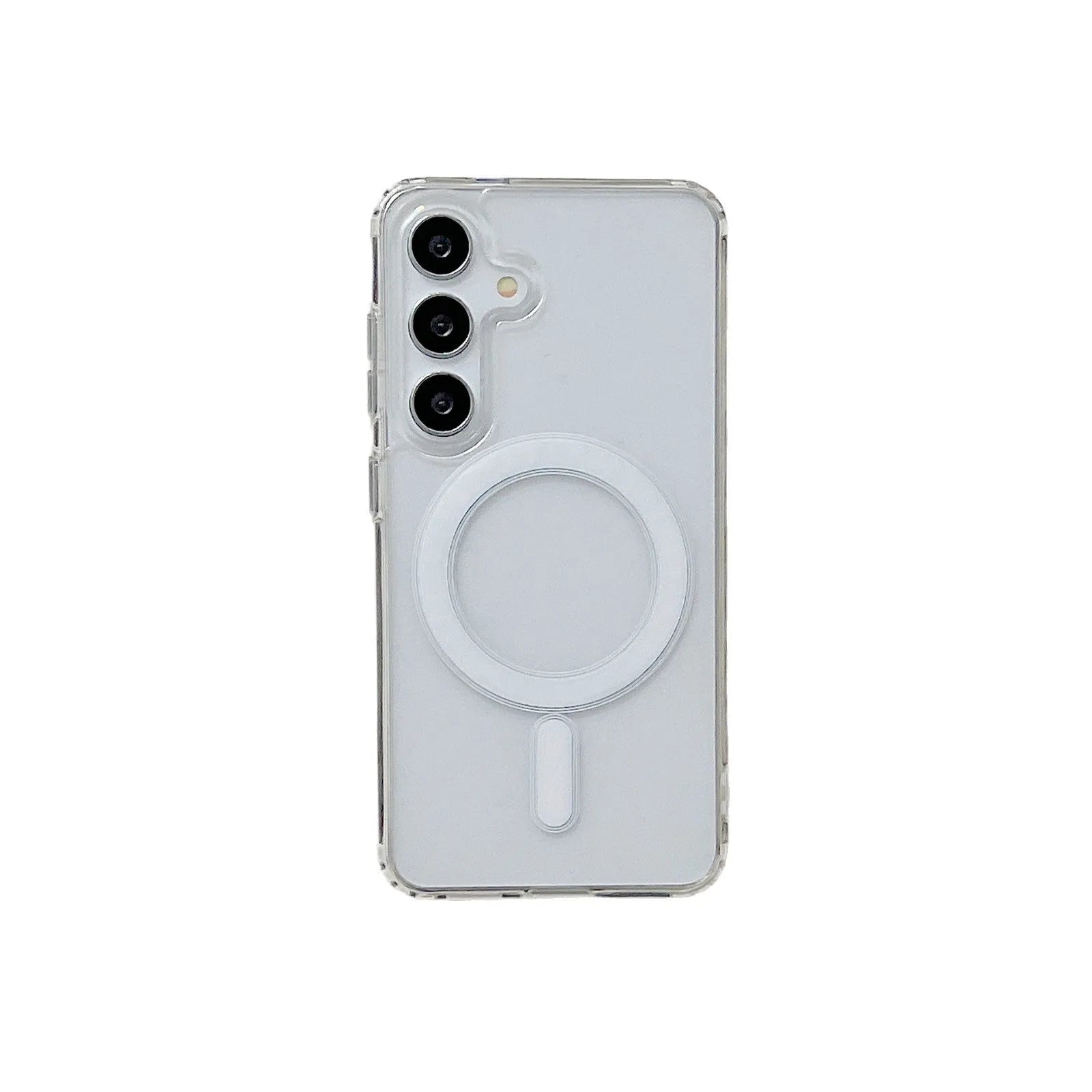 Transparent magnetic silicone phone case for Samsung Galaxy smartphones on a flat surface.