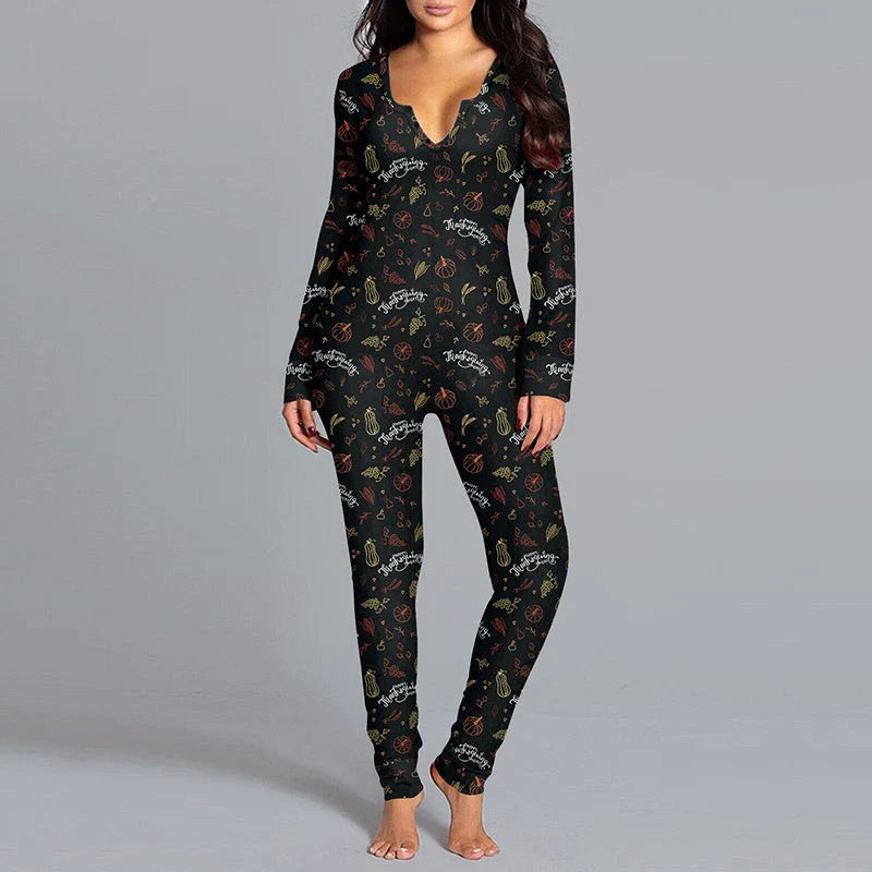 A comfortable and stylish Halloween-themed cotton pajama jumpsuit with long sleeves, available in a variety of festive colors.