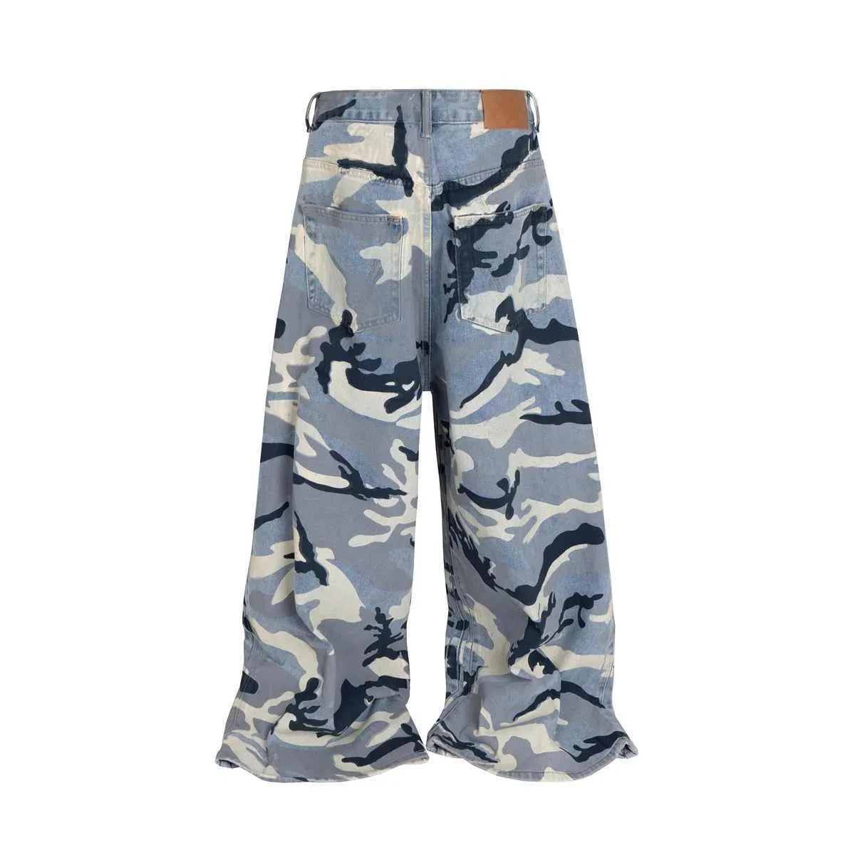Snow camouflage blue loose fit cotton denim jeans with micro-elastic properties and mid-waist design