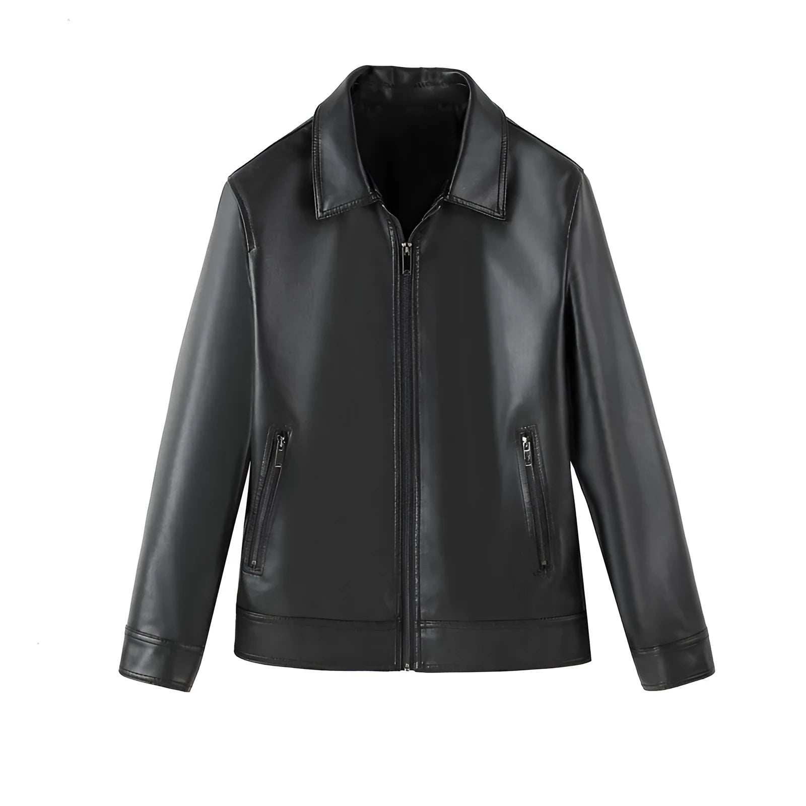 Men's black PU leather casual jacket with zipper pockets and loose fit design