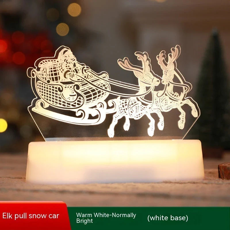 Festive 3D acrylic LED Christmas night lights in various holiday-themed designs, including Christmas trees, elks, and Christmas dwarfs.