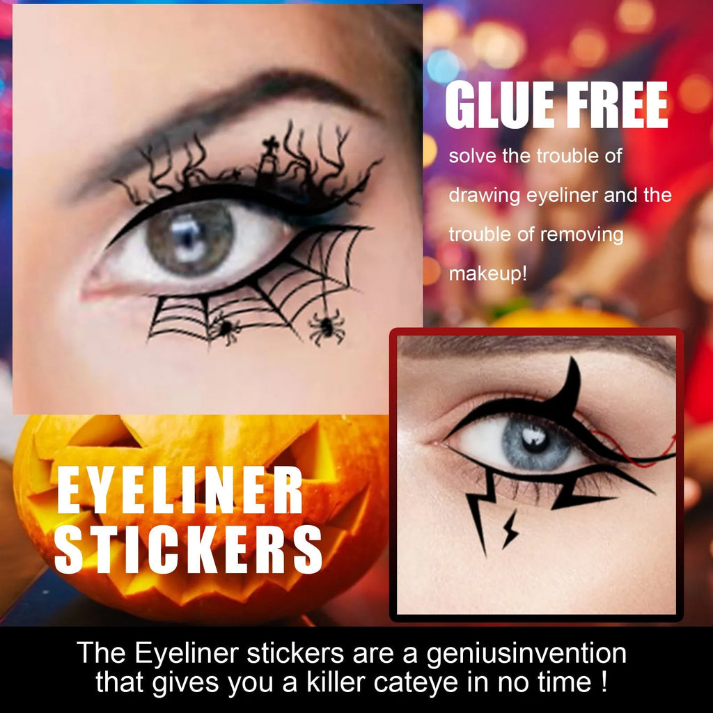 Set of eight pairs of bat and spider themed eyeliner stickers for decorative eye makeup