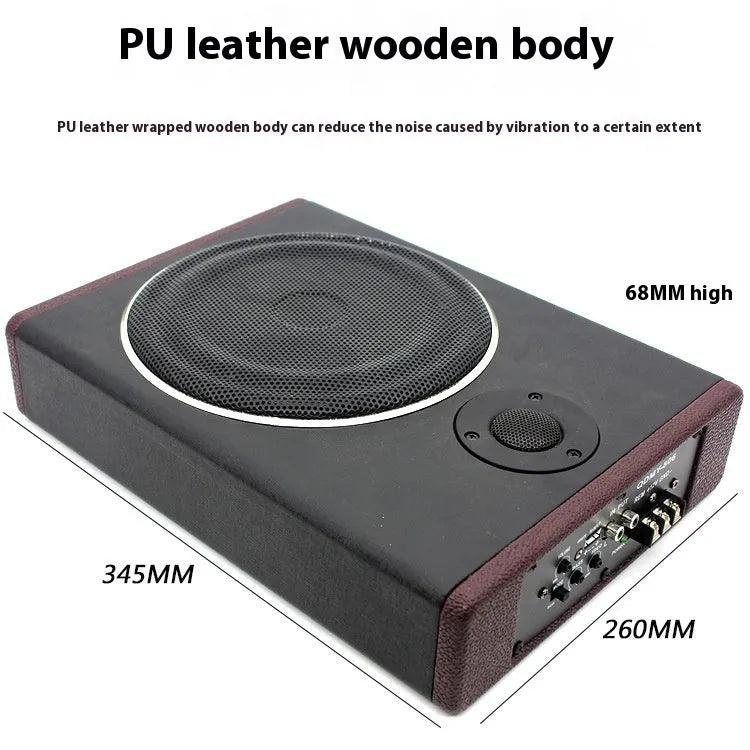 8-inch 600W car audio subwoofer with wooden enclosure and black PU leather finish
