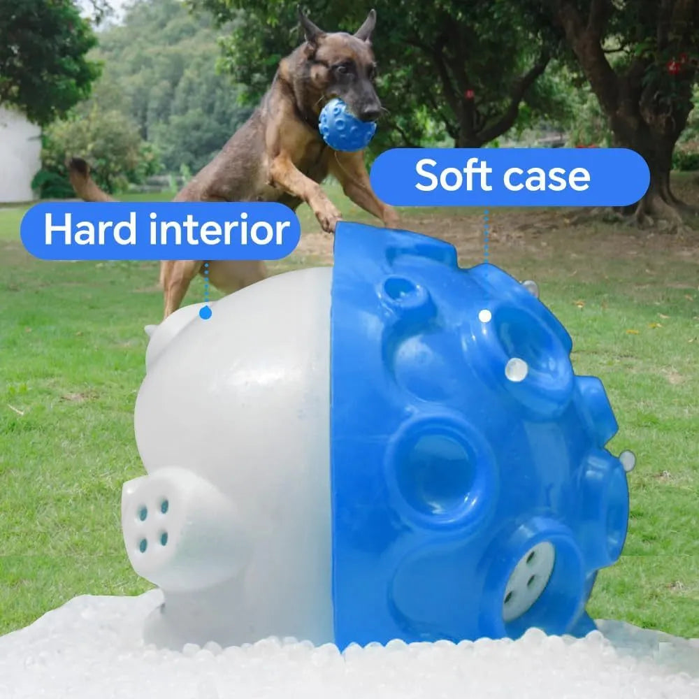 Durable interactive dog toy ball with meteorite bumps and magical squeaky sound in multiple colours