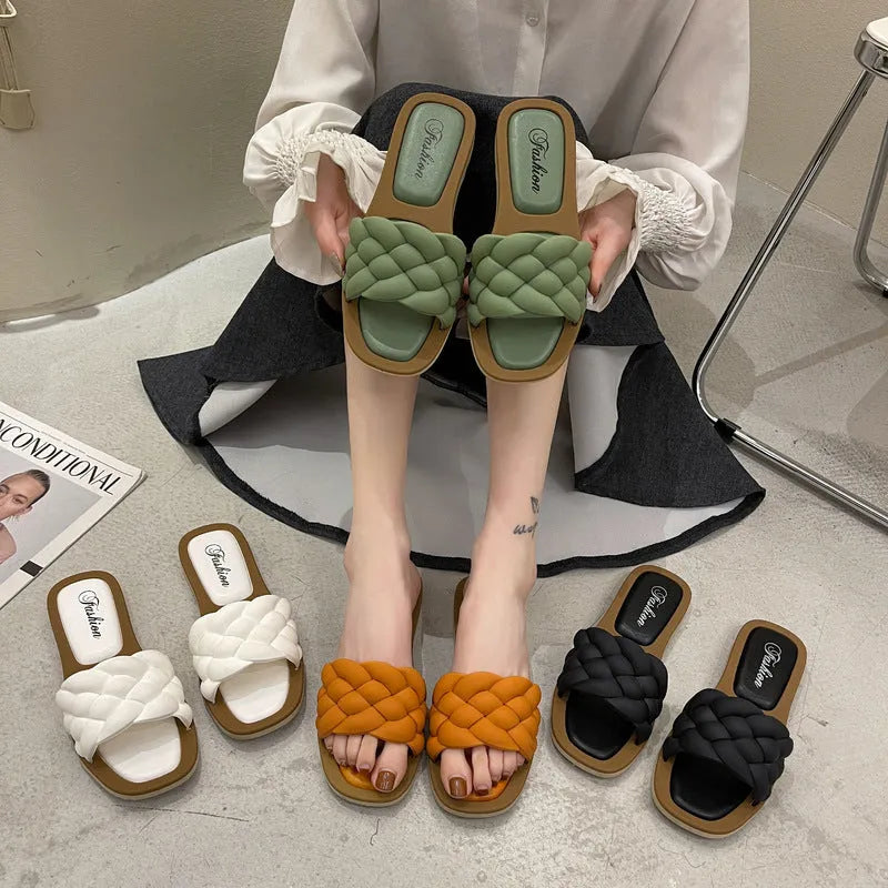 Women's plaid-patterned PVC beach sandals with a thick anti-skid sole, shown in white, green, orange, and black.