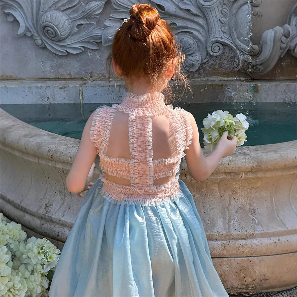 Light blue girls backless sleeveless dress with cotton lining