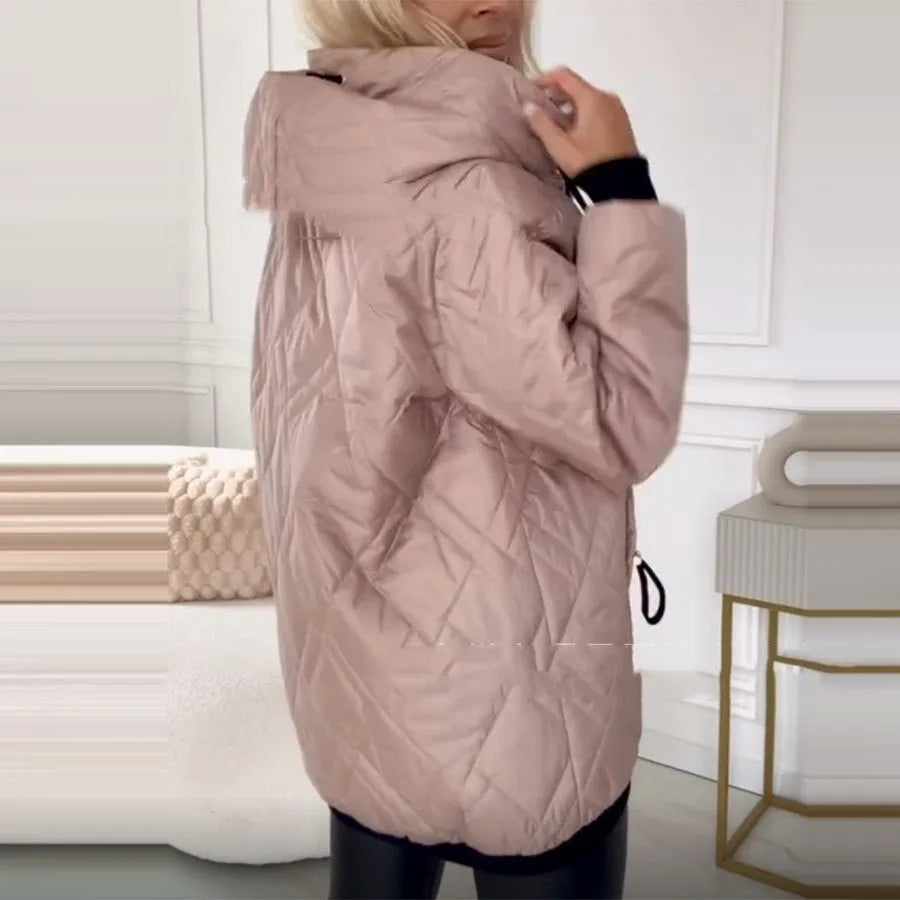 Women's casual hooded coat in black or pink, made from cotton-polyester blend fabric.