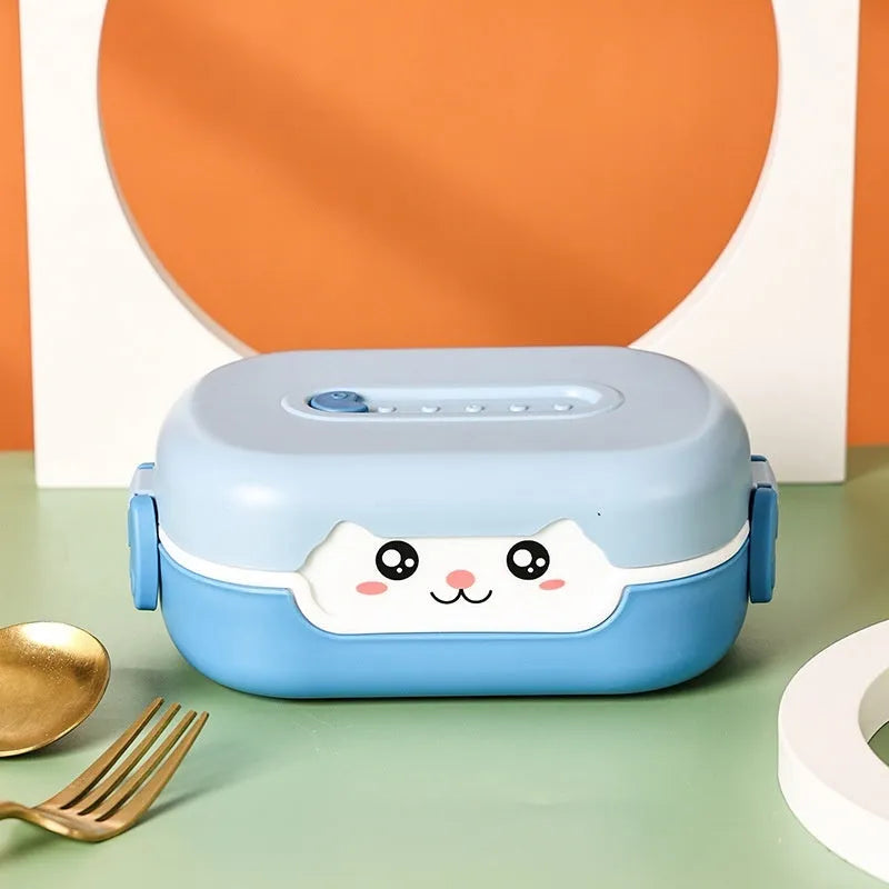 Square divided plastic lunch box in dark blue, orange yellow, and pink and green colour options