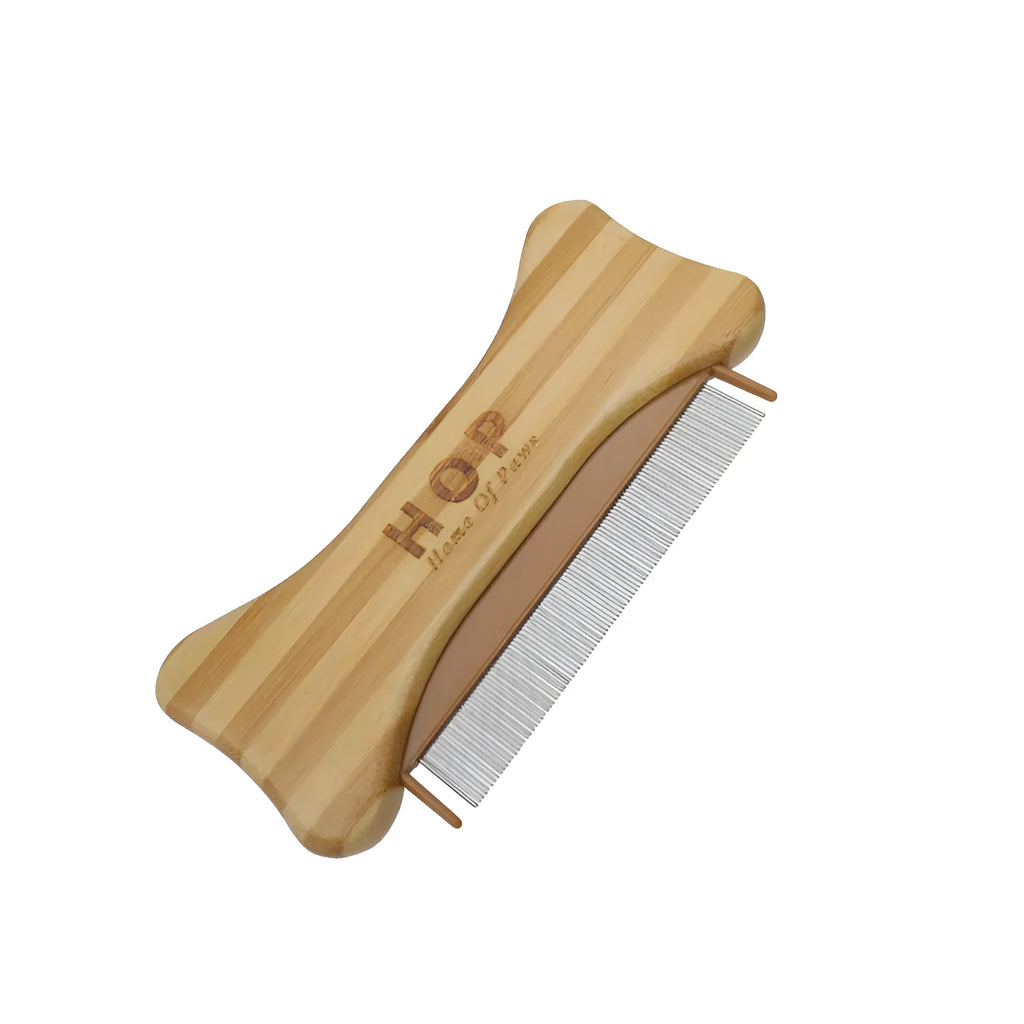 Double-sided bamboo dog bone flea comb with colourful finish on a white background