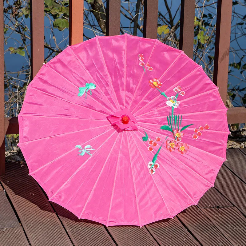 Handmade Chinese style silk dance umbrella with wooden pole, available in bright red and other colours
