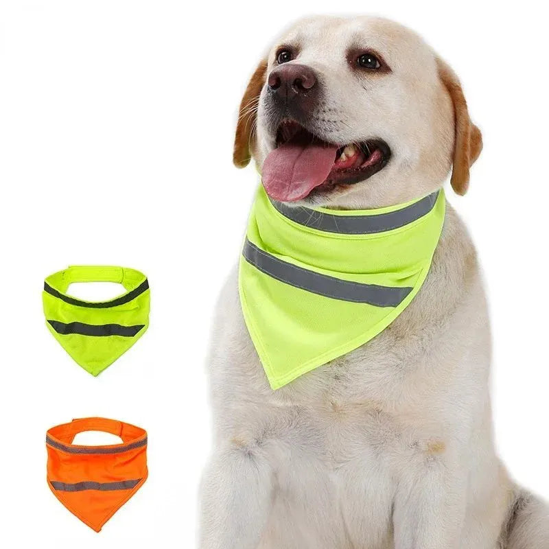 Orange and yellow reflective dog bandana with adhesive strap for night walk safety in three sizes