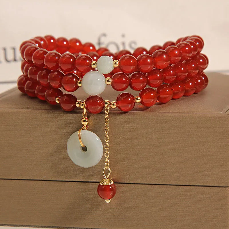 Women's multi-layer crystal bracelet with red agate stones in retro ethnic style