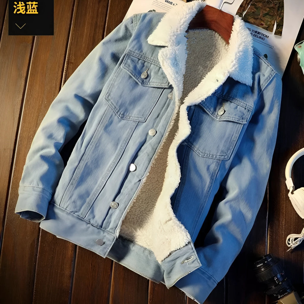 Men's fleece-lined denim coat, loose fit, long drawstring sleeves, sizes S-4XL, black light blue dark blue.