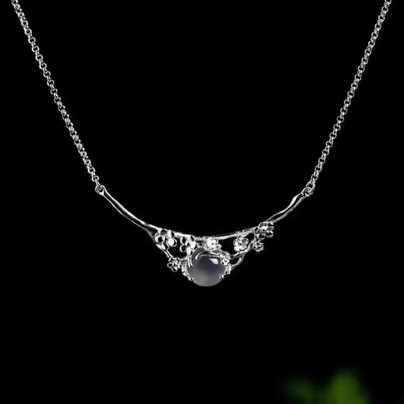 Plated 925 inlaid moonlight white chalcedony moon shadow cold plum necklace white gold copper pendant cross chain