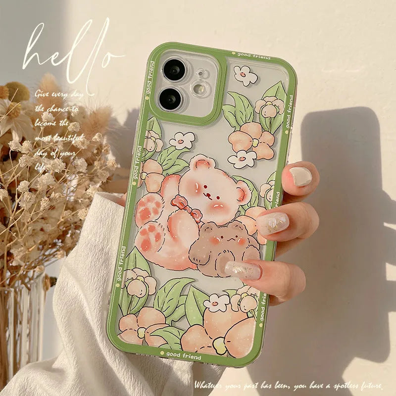 Transparent silicone TPU phone case with hand-painted bear and floral design for iPhone models