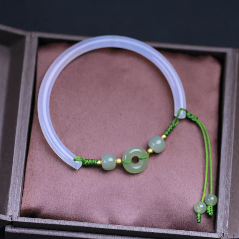 Hand-woven half bracelet with Hetian jade beads and peace buckle clasp in white agate colour