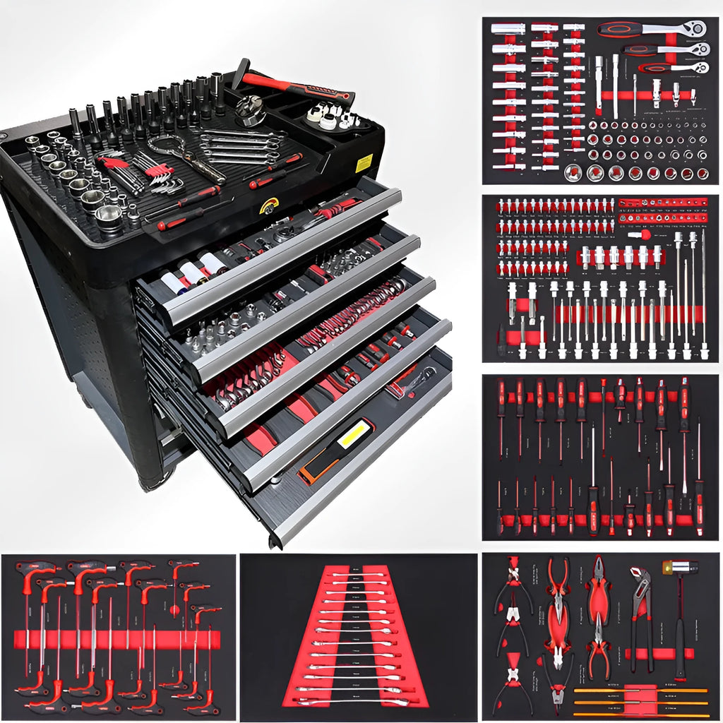 252-piece carbon steel repair tool kit in pumping removable cabinet for machine and auto repair
