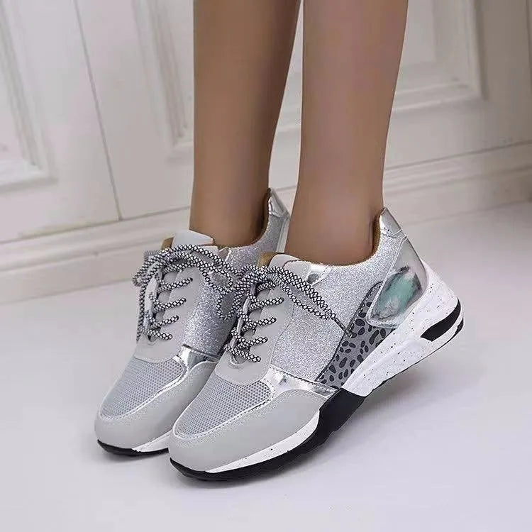 Women's lace up wedge flat sneakers in beige, round toe, artificial PU upper, side view