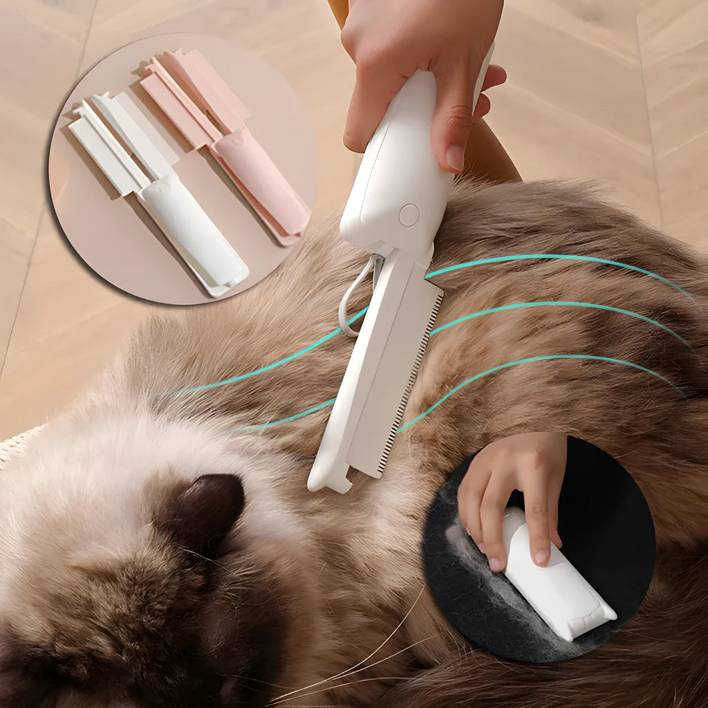 Pet grooming brush with ergonomic handle for cats and dogs with massage epilator function