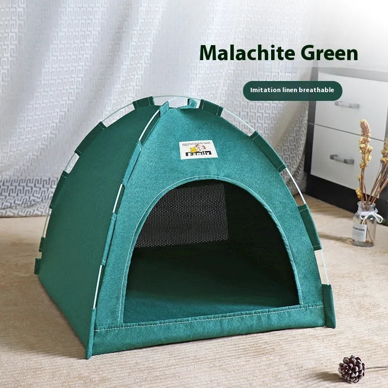 Grey linen-like fabric cat nest tent bed for small dogs, showing removable washable cover.