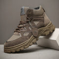 Men's high-top casual shoes with thick sole, mid heel 3-5cm, artificial PU upper, cotton lining, front lace-up, black khaki beige brown.