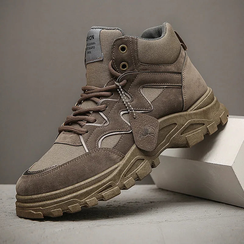 Men's high-top casual shoes with thick sole, mid heel 3-5cm, artificial PU upper, cotton lining, front lace-up, black khaki beige brown.