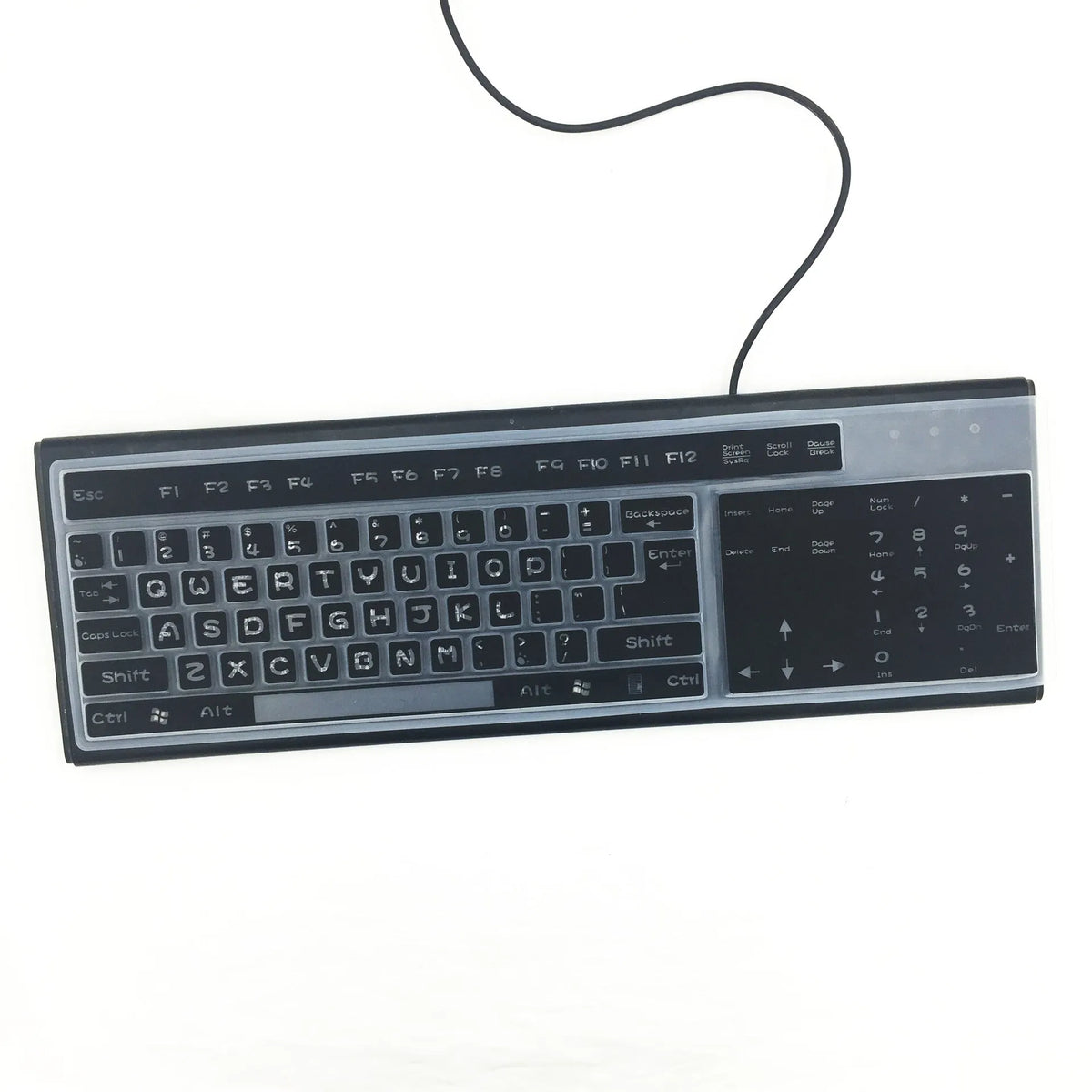Transparent silicone keyboard dust film for 15 inch laptop showing close fit over keys