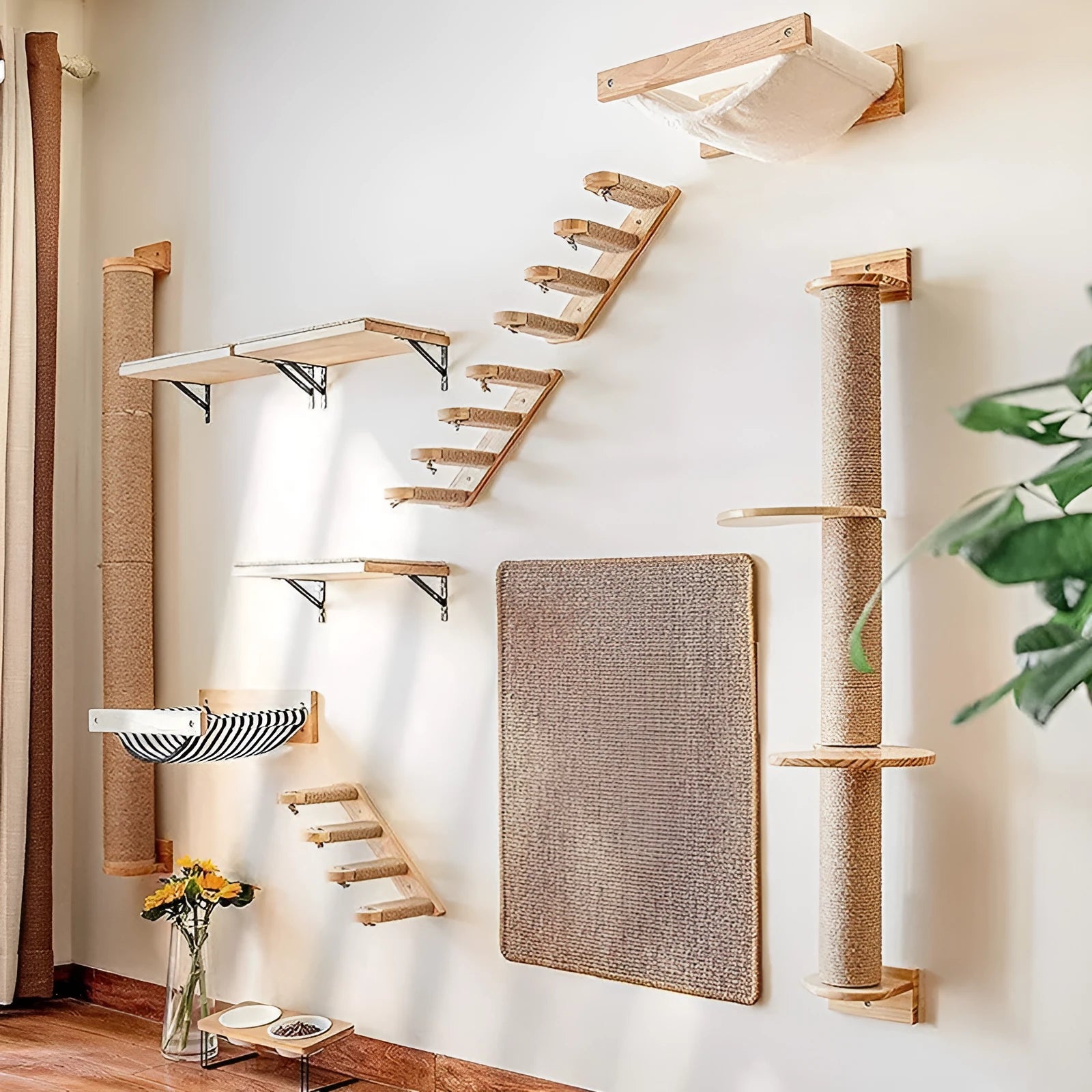 Wooden wall-mounted cat climbing frame with flax rope scratching posts and jumping platform