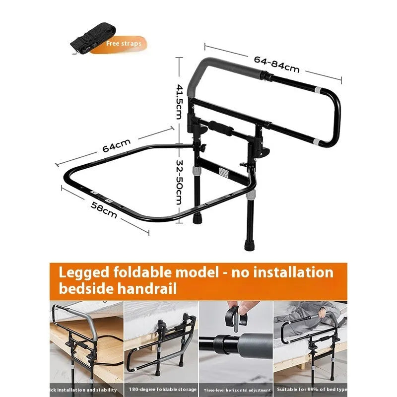 Carbon steel bedside bed aid armrest with PU sponge armrest, height adjustable 32-50cm, floor-foldable, punch-free